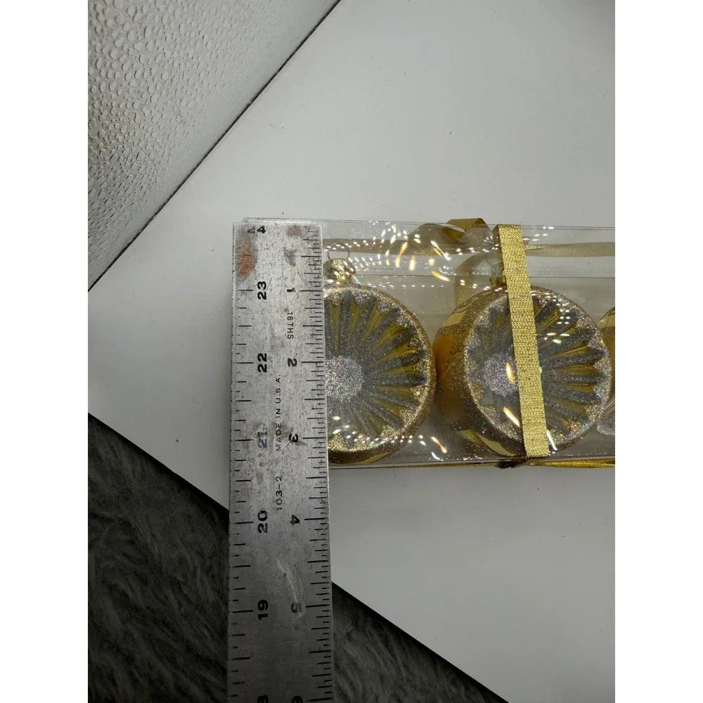 Gold Shatterproof Ornaments Set of 3 Indented‎ Sunburst Glitter Disc 3 Inch